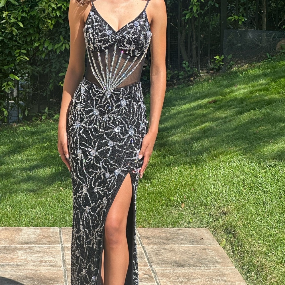 Primavera Couture Black and Silver Sequin Gown